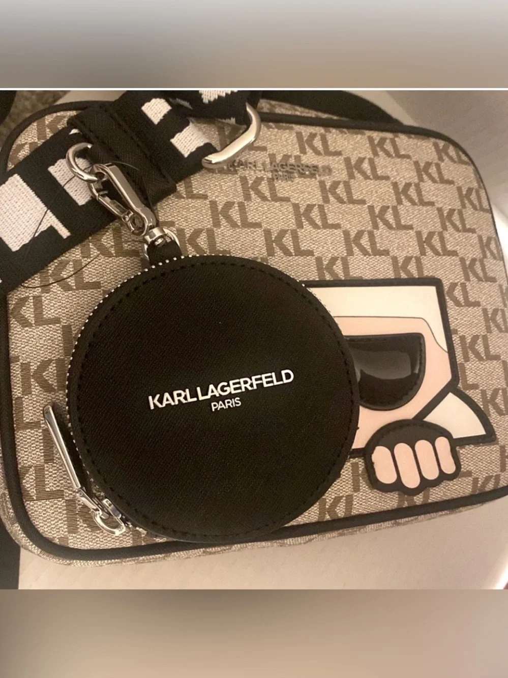 New Karl Lagerfeld Beige KL Monogram Crossbody Bag with Removable Coin Pouch